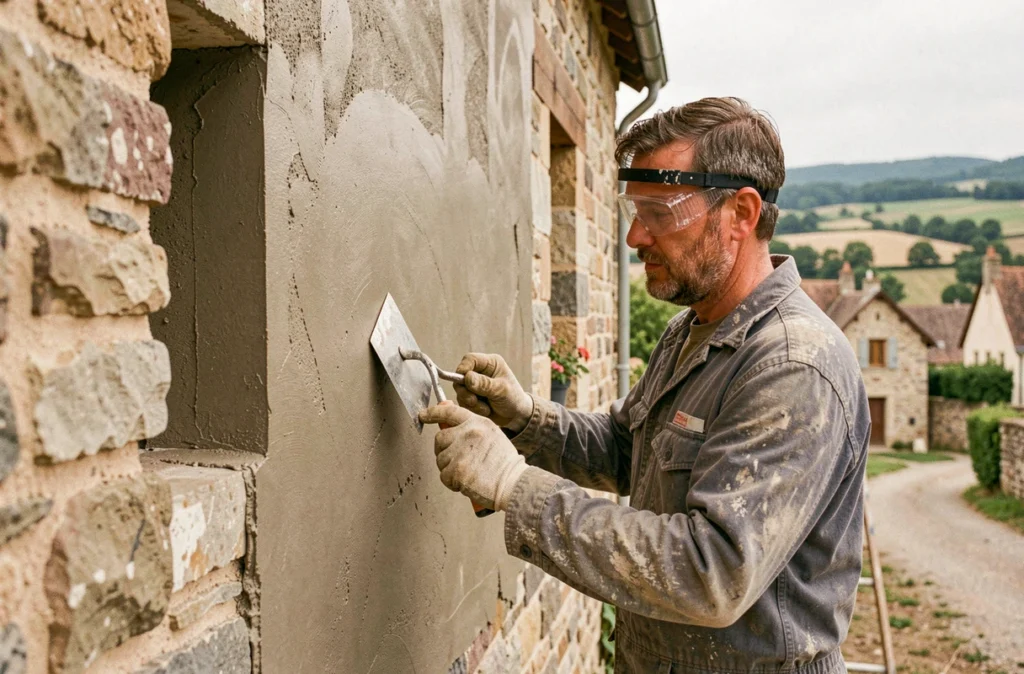 Artisan de Bati GP EST appliquant un crépi sur la façade d'une maison traditionnelle lorraine