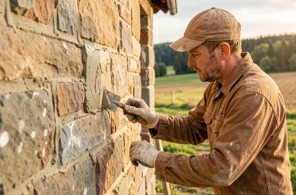 Artisan BATI RENOVATION rejointoyant et restaurant la façade en pierre d'une ferme alsacienne traditionnelle