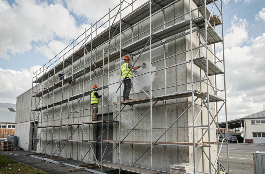 Équipe de Bâtiment Général de l'Est en train de rénover la façade d'un bâtiment commercial dans l'Est de la France