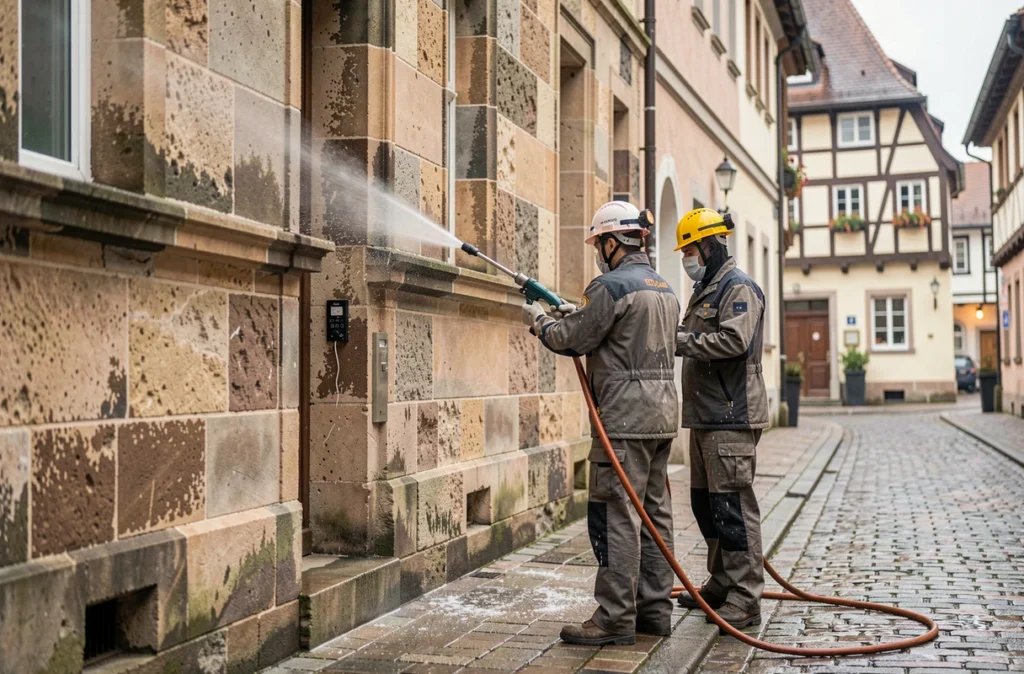 Ouvriers de CED Bâtifaçade nettoyant à haute pression la façade en grès d'un bâtiment alsacien