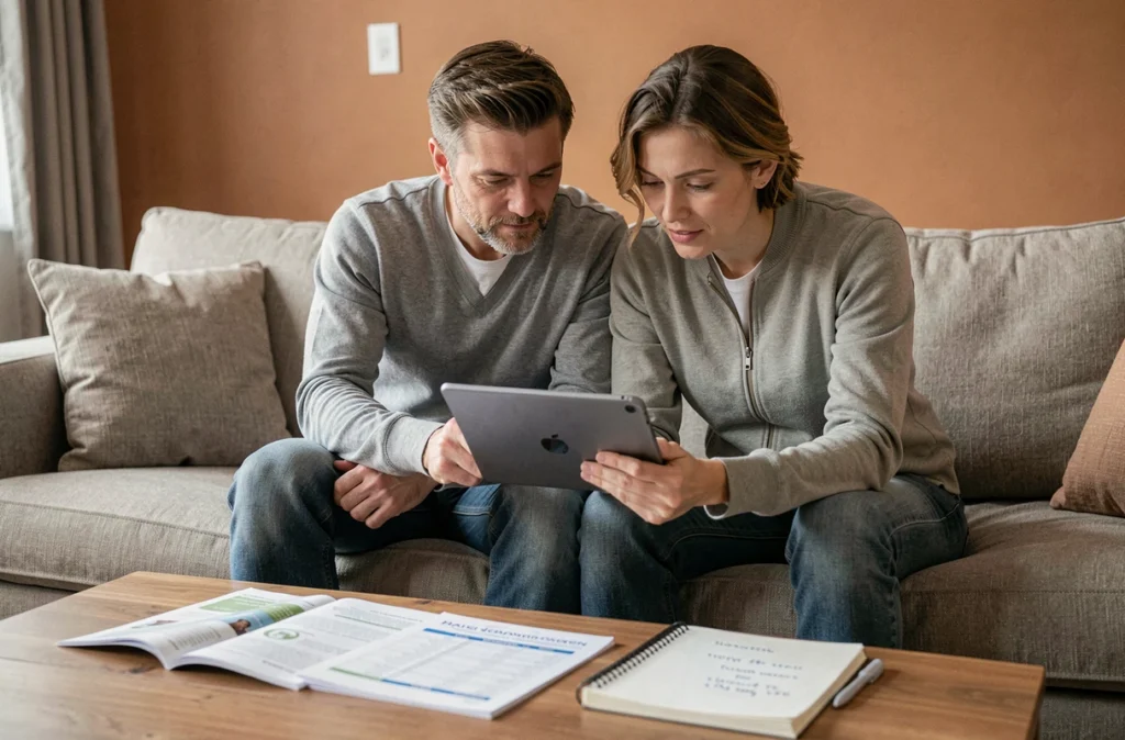Couple comparant des devis de rénovation sur une tablette dans leur salon avec des documents de travaux