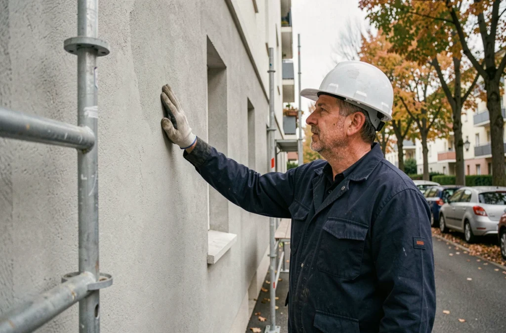 Professionnel de Dari Bat inspectant une façade rénovée sur un immeuble résidentiel des Hauts-de-Seine