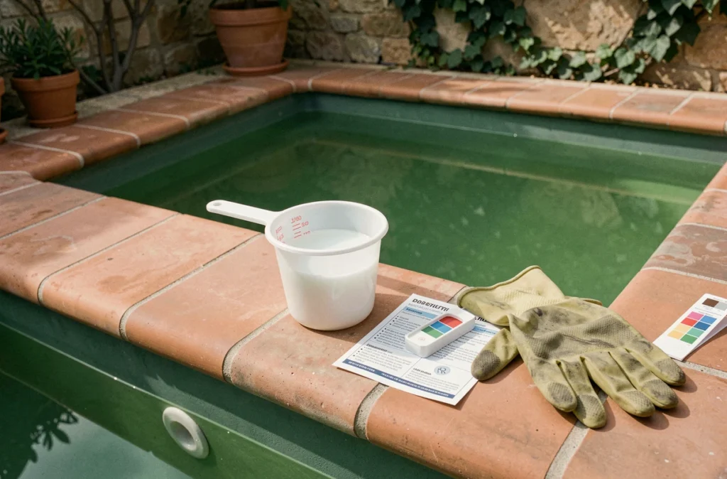 Dosage de javel mesuré avec guide de traitement pour rattraper une piscine à eau verte