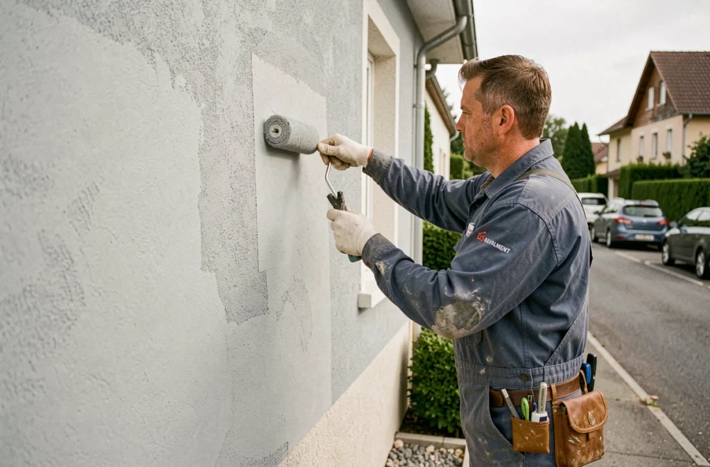 Technicien DS Ravalement appliquant un revêtement décoratif pierre sur la façade d'une maison de banlieue