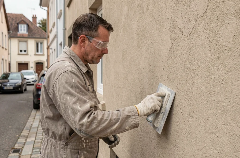 Ouvrier Euro Crépis appliquant un crépi traditionnel à la taloche sur la façade d'une maison de ville