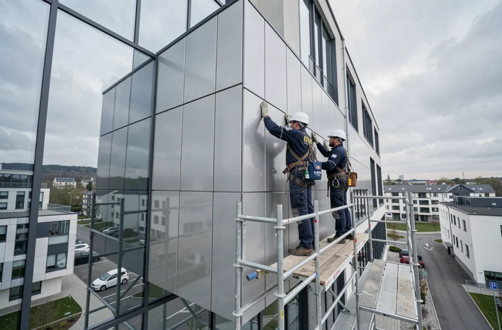 Équipe EUROFACADE installant des panneaux de bardage contemporains sur un bâtiment commercial en France