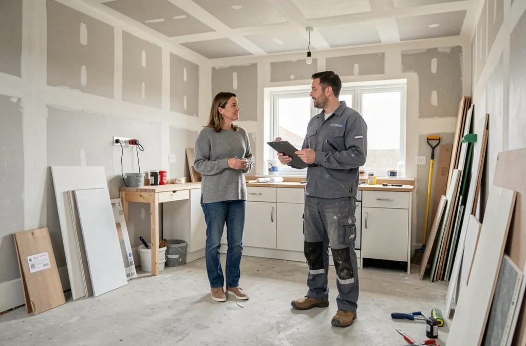 Femme discutant d'un projet de rénovation avec un artisan dans une cuisine en cours de travaux