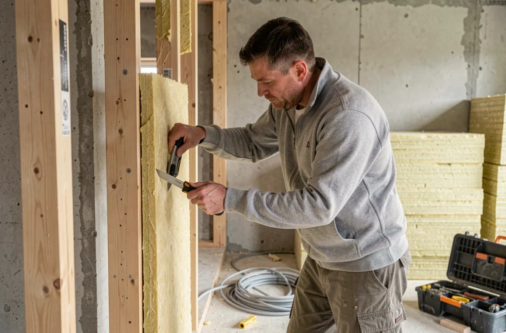 Spécialiste de G-Am posant des panneaux d'isolation dans une cloison d'appartement en rénovation