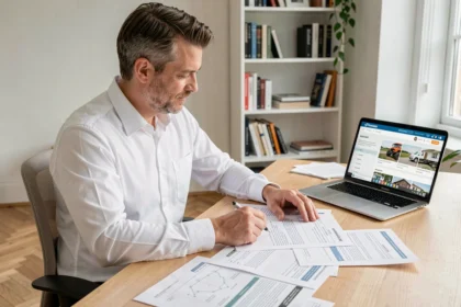 Homme consultant des devis de rénovation sur un bureau moderne avec un ordinateur portable et des documents imprimés