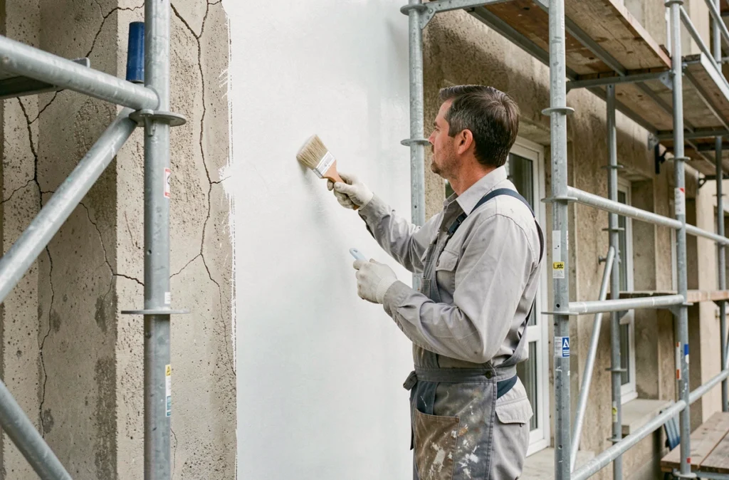 Spécialiste Krydor appliquant un revêtement élastomérique anti-fissures sur la façade d'un immeuble des années 70
