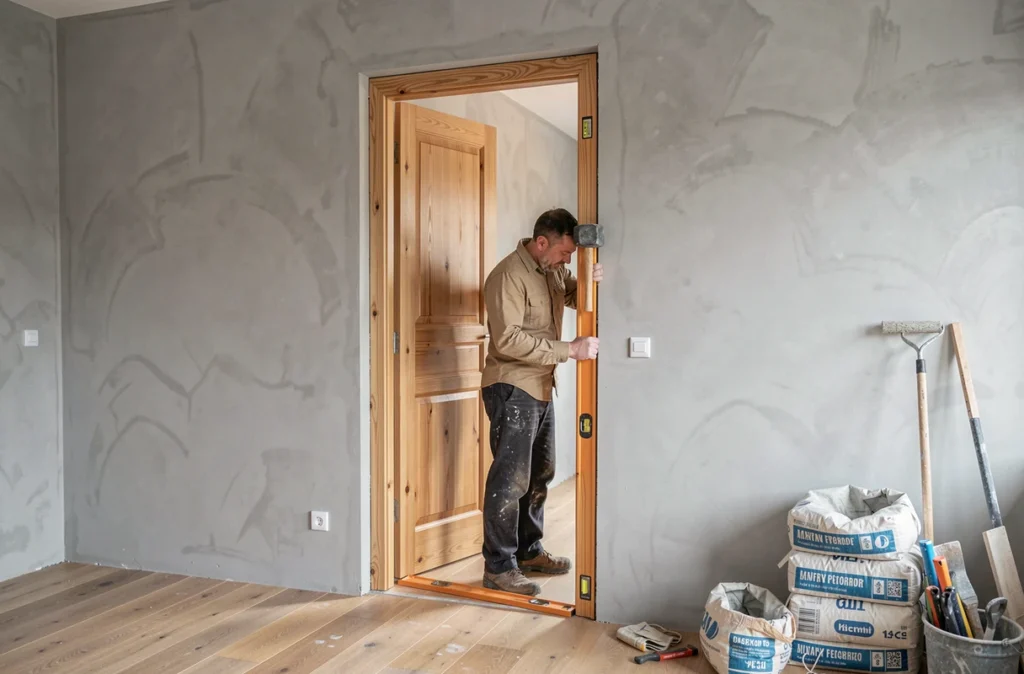 Artisan Liviu Renco installant un encadrement de porte dans un appartement rénové des Hauts-de-Seine