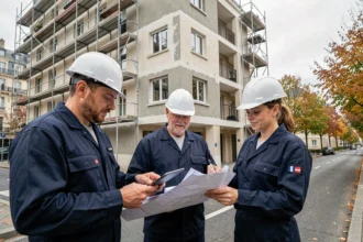 Équipe de rénovation professionnelle devant un immeuble en chantier dans les Hauts-de-Seine