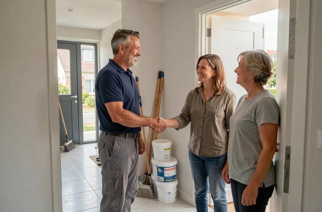 M. Belacel, artisan rénovateur, remettant un appartement rénové à des propriétaires satisfaits dans les Hauts-de-Seine