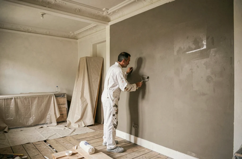 Peintre en bâtiment renovant l'intérieur d'un appartement à Nantes