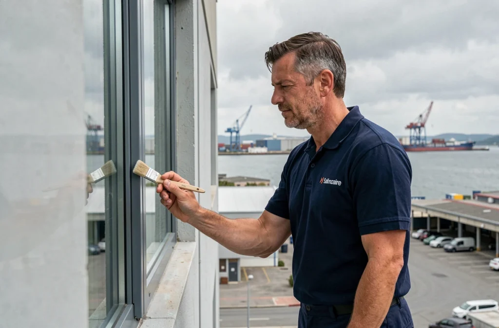 Peintre en bâtiment travaillant sur une façade à Saint-Nazaire avec le port en arrière-plan