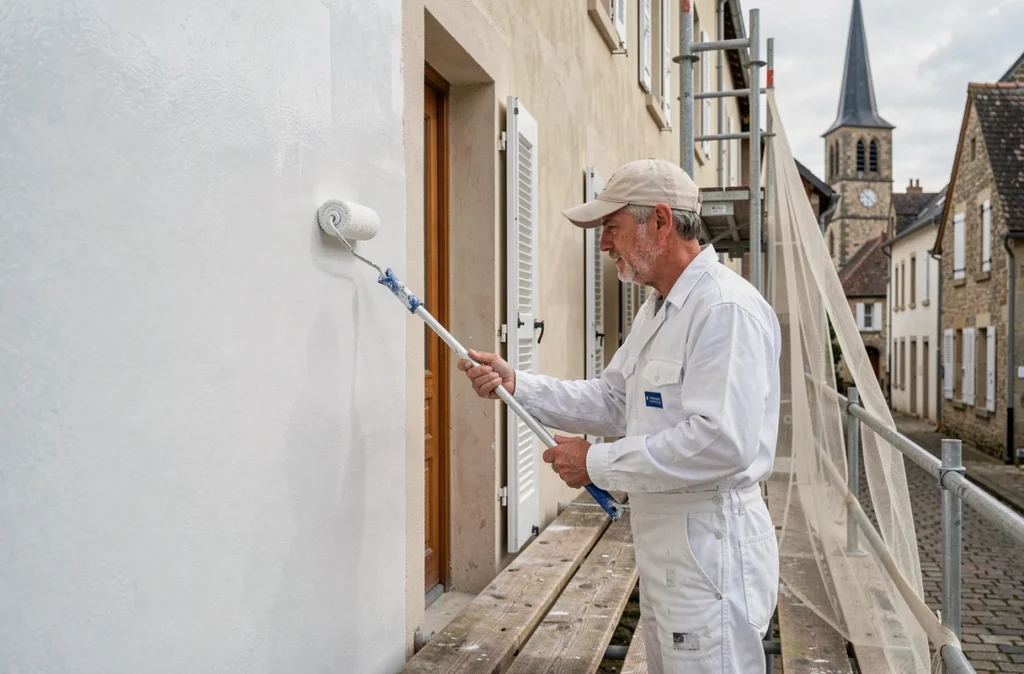 Peintre façadier au travail sur une maison de village dans le Maine-et-Loire