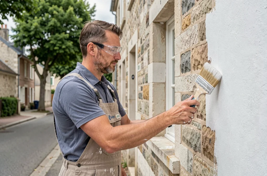 Artisan peintre appliquant un enduit de ravalement sur une façade en Loire-Atlantique