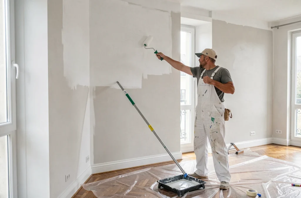 Peintre de Pro-Peintre appliquant une couche de peinture blanche dans un appartement rénové