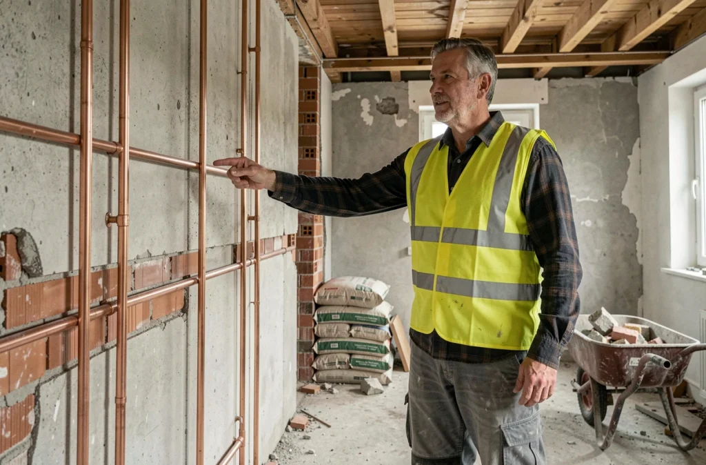 Chef de chantier de la SARL PMJ supervisant des travaux de plomberie dans une cuisine rénovée