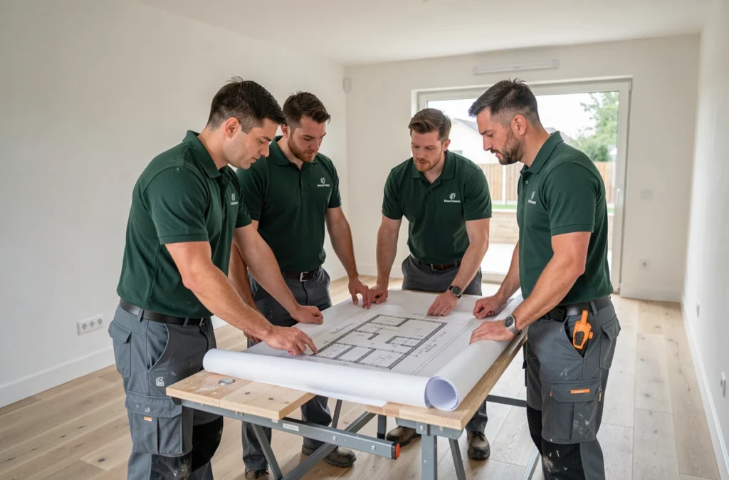Équipe de la SAS Amizav étudiant des plans de rénovation dans un appartement des Hauts-de-Seine