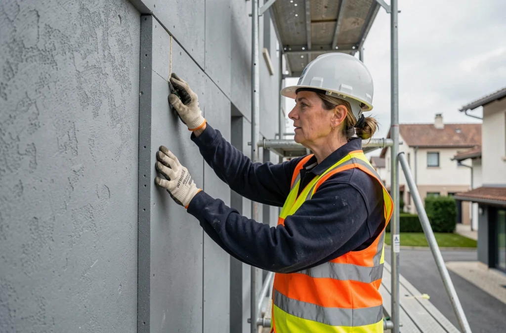 Technicienne en isolation thermique installant des panneaux isolants sur la façade d'un bâtiment résidentiel en Haute-Garonne
