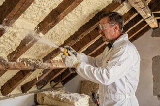 Artisan en combinaison blanche appliquant de la mousse isolante dans un grenier d'une maison en Haute-Garonne